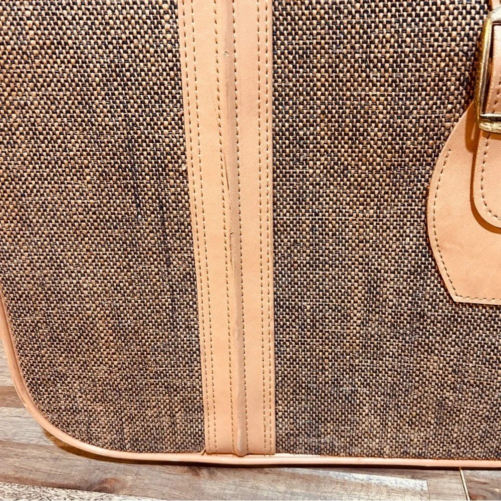 Vintage Fifth Avenue Tweed Hard-Sided Suitcase Tan Leather Trim